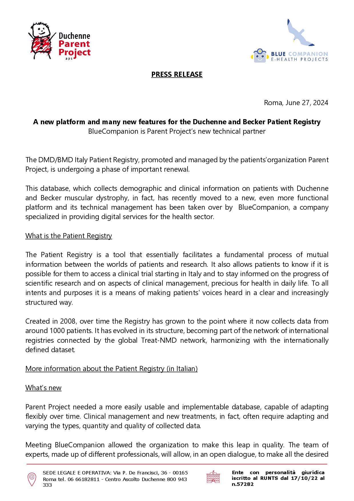 Parent Project Registry — BlueCompanion Patient Registry